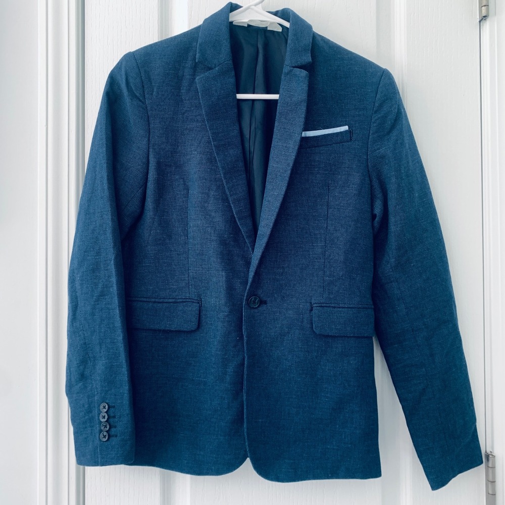 HM Kids Navy Blue Cotton Linen Blend Blazer Jacket Size 16 Pocket Square Formal‎